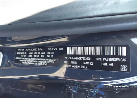 2019 Alfa Romeo Giulia Ti Sport Awd from USA, damaged, VIN ZARFANBN5K7603698